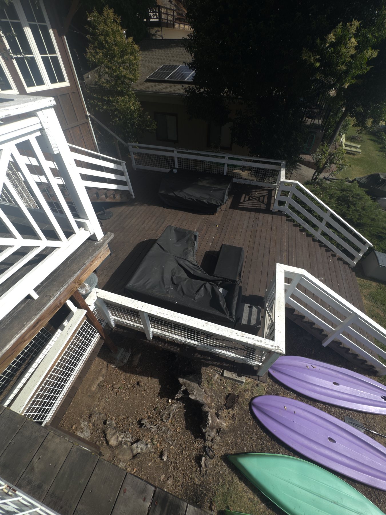 Exterior stairs leading between the lodge and shoreline